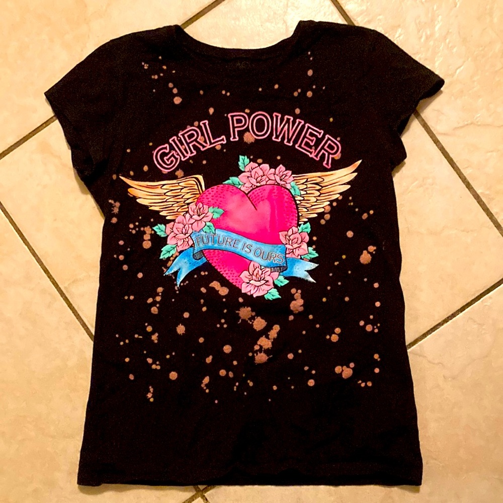 Girl Power Graphic Tee - Black with Pink Heart